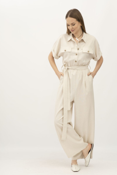 Лляний бежевий комбінезон вільного силуету та широкими брюками Тімал
