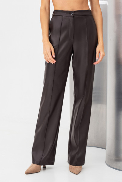 Брюки з еко шкіри коричневі прямого силуету Дален 01