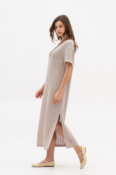 Трикотажна сукня  довжини міді з коротким рукавом бежевого кольору Екліна 1 Трикотажна сукня  довжини міді з коротким рукавом бежевого кольору Екліна 1