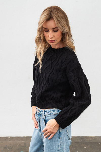 Чорний вкорочений джемпер з вмістом вовни 4548/2024
