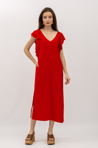 Сукня довжини міді червоного кольору з вмістом 70% льону Лігура 01 Сукня довжини міді червоного кольору з вмістом 70% льону Лігура 01