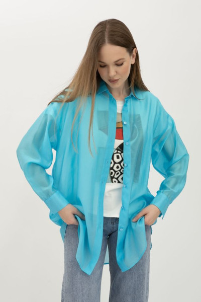 Подовжена напівпрозора блуза блакитна  в стилі оверсайз Леора 01