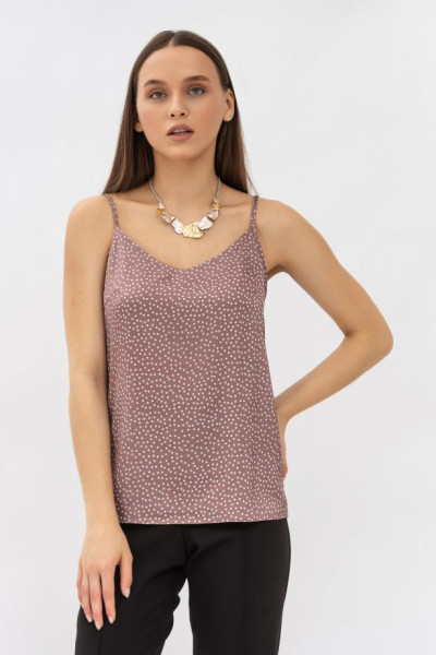 Майка на бретелях коричнева з принтом в горошок Граян 02