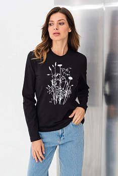 Трикотажний лонгслів чорного кольору з округлою горловиною Мелік 03