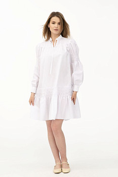 Біле жіноче плаття А-силуету з коміром-стійкою та рюшами Лам'є Біле жіноче плаття А-силуету з коміром-стійкою та рюшами Лам'є