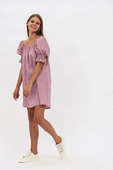 Коротка міні-сукня з рожевого льону з горловиною каре Огма Коротка міні-сукня з рожевого льону з горловиною каре Огма