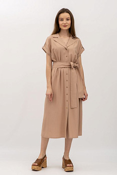Лляна сукня довжини міді бежевого  кольору Візара 01 Лляна сукня довжини міді бежевого  кольору Візара 01