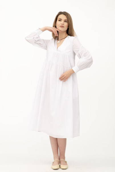 Довга жіноча сукня з довгим рукавом з білого попліну Амея Довга жіноча сукня з довгим рукавом з білого попліну Амея